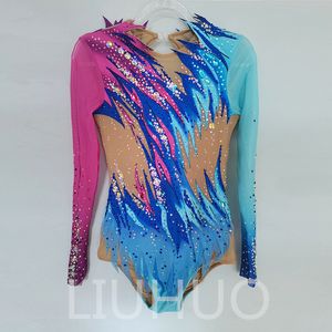 LIUHUO Customize Colors Rhythmic Gymnastics Leotards Girls Women Competition Artistics Gymnastics Performance Wear Crystals Pink-Blue BD1674