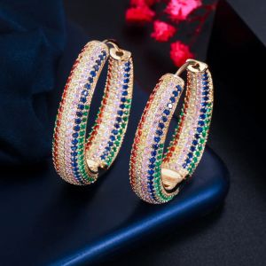 Orecchini alla moda a due toni Rainbow Cubic Zirconia Circle a cerchio rotondo per le donne Dichiarazione di gioielli di lusso Hip Hop Pendientes Mujer