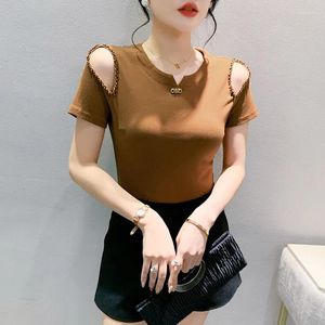 Women's T Shirts 2024 Summer European Clothes T-shirt Chic Sexig O-Neck Off Shoulder Shiny Beading Women Tops Short Sleeve Hand Made Tees