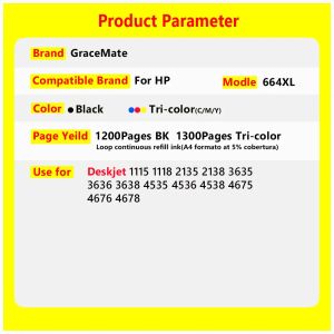 664XL Kit de reabastecimento Cartucho de tinta para HP 664 HP664 Deskjet 1115 2135 3635 2138 3636 3638 4535 4536 4538 4675 4676 4678