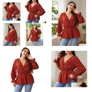 Womens Plus Size T-Shirt Elegant Blouses Cott Loose Stripe Korean Collar Foreigned Style Commuter Shirt Lg Sleeve Female Clothing C78X Dhq3W