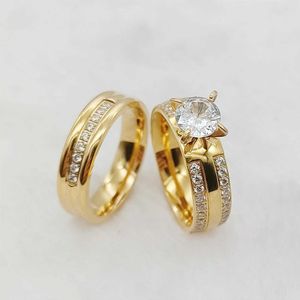 2PCS Wedding Rings 24k Gold Filled 316L Stainless Steel Jewelry Cz Diamond Wedding Rings Sets for Women Girls Ladies Engagement Statement Gifts