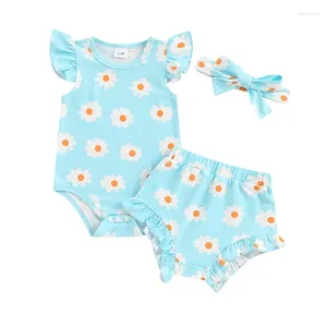 Set di abbigliamento Infantile Neonata Completo estivo Stampa floreale Maniche Pagliaccetto Volant Bloomer Pantaloncini Fascia per capelli Set di vestiti nati