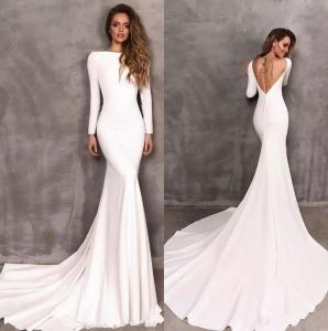 Modest Mermaid Wedding Dresses Stretch Satin Long Sleeves Backless Bridal Gowns vestidos de novia Simple Wedding Dress BC2402