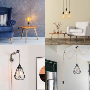 6.8M 3 Heads Vintage Style Hemp Rope Pendant Light Cord Kits US EU Plug Switch E26 E27 Lamp Holder for Simple Hanging Lamp Decor