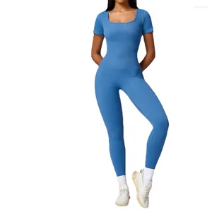 Conjuntos ativos conjunto de yoga feminino terno de uma peça de manga curta ginásio push up roupas de treino de fitness bodysuit macacões