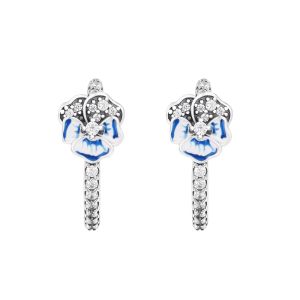 Earrings Fashion Female Jewelry Blue Pansy Flower Hoop Earrings Sterling Silver Jewelry Earrings For Woman Spring Bloom Party Earrings