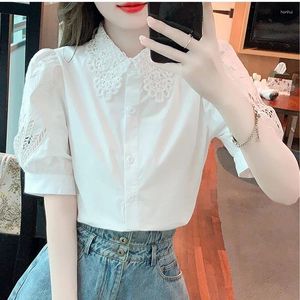 Kvinnors blusar skjortor Fashion Elegant Short Sleeve Office Lady Top White Women Hollow Out Brodery Blouse Kvinnliga kläder