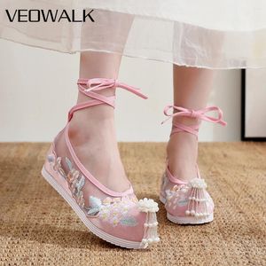 Casual Shoes Veowalk Gaze Mesh Cotton Embroidered Women Ankle Strap Ballet Flats Pearls Tassel Bekväm kostym Hanfu Pink White