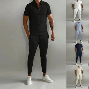 2023 Sommer Europa und die Vereinigten Staaten Solid Color Polo -Herrenanpassungen Slim Short Sleeve Hosen Freizeit Sport 240329