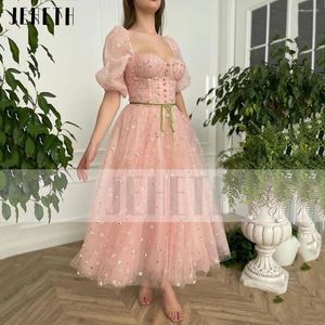 Party Dresses JEHETH Pink Daisy Tulle Sweetheart Prom Dress Pastoral Princess Puff Sleeves Backless A Line Evening Gown With Pockets