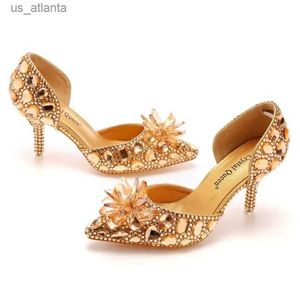 Dress Shoes New Fashion Women Sandals PU 7.5CM Thin Heels Slip On Rhinestone Casual Woman Golden Mature H240403