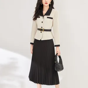 Work Dresses Winter Elegant Skirts Sets For Women 2 Pieces Outfit Long Sleeve Jacket Coat And Pleated Skirt Office Lady Two Piece Set