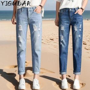 2024 Moda Mulheres no meio do namorado Big Ripped Hole Jeans Casual High Street Jeans Denim