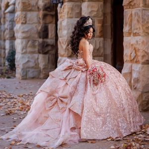 Abito da ballo lucido rosa abito quinceanera 2024 Appliques fiori in prua spalla dolce 15 16 anni Vestidos de xv anos