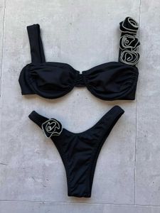 Kvinnors badkläder 3d blommor stropplösa bandeau bikini kvinnor baddräkt tvådelar bikini set high cut baddräkt j240403