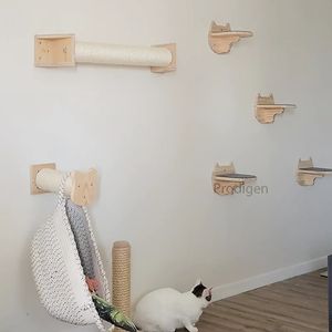 Wallmounted Cat Hammock Wood Pet Furniture Sisal Bridge Ladder Step Scratcher Post Climbing Frame Activity Villa House 240320