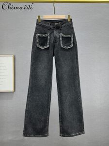 Women's Jeans Diamond Wide-Leg 2024 Spring Autumn Fashion High Waist Denim Pants Loose Slim European Goods Mop Trousers