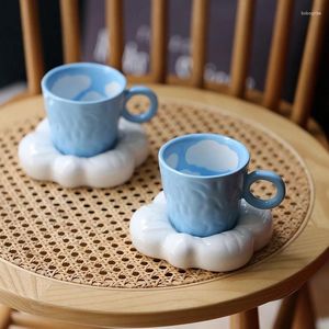 Cups Saucers Cute Beautiful Hand Painted Blue Sky White Cloud Coffee With Handmade Porcelain Tea Cup Set Elegant Birthday Gifts