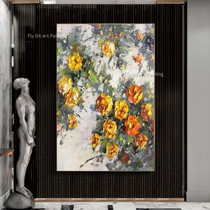 100% Hand Painted Large Abstract Oil Painting Yellow Flowers Canvas Painting Art Wall Decor Handmade Yellow Flower Leaf Paintings Modern Artwork No Frame