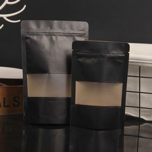 Black Kraft Paper Stand Up Zip Lock Påsar med fönster Återförslutningsbara kex kaffebönor snacks hantverkspapper Förpackningspåpa 240322