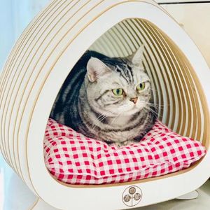 Dog Apparel Wooden Cat Nest Sleeping Bed Breathable Kennel With Mat Pet