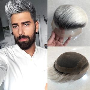 Toupees toupees capelli argentati in pizzo svizzero toupee con pelle hollywood uomini toupee remy capelli vergine 100% capelli umani vere protesi capelli maschi