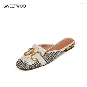 Casual Shoes Scotland Houndstooth Fabric Plaid Mules Women Summer Square Toe Genuine Leather Tassel Fringed Flats Slippers Brown