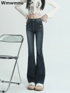 STREEWAWHEATH CAIS HIGH WOMENS FLARE Jeans Spring outono design coreano Retro Bellbottoms Vaqueros Skinny Stretch Denim Pant 240403