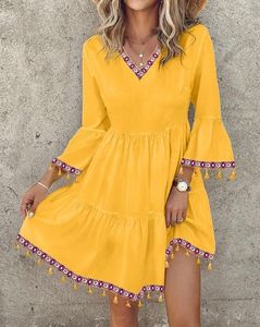 Casual Dresses Elegant Sexy For Women 2024 Summer Short Skirt V-Neck Tribal Tape Patch Fringe Hem Beach Vacation Dress