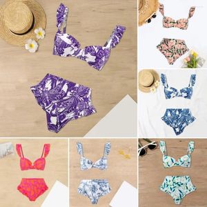 Costume da bagno da donna Costume da bagno diviso da donna Stile Boemia con volant Bikini Set maniche a fascia Reggiseno a vita alta Stampa floreale