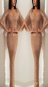New Rose Gold Arabic New Sexy Sequins Lace Evening Dresses Illusion Jewel Neck With Tassels Mermaid Sequined Floor Length Formal P6951457