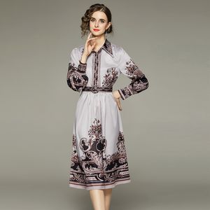 Damska sukienka w stylu vintage z paskiem, elegancka szczupła kwiatowa sukienka, pojedyncza sukienka, długi rękaw, sprężyna