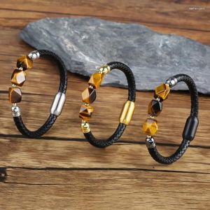 Charm Bracelets Natural Tiger Eye Stone Men's And Women's Genuine Leather Bracelet Stainless Steel Jewelry Magnetic Buckle Gift