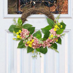 Dekorativa blommor Simulerade hortensia kransning av kädervatten växt grön siden blommor halva cirkel hängande ornament framför dörr väggdekorationer
