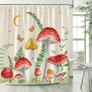 Cortinas de chuveiro cogumelo borboleta folhas verdes de floresta rústica Cortina de banheira Decoração de banheiro de tecido de poliéster com ganchos