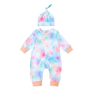 Setar baby pojke kit nyfödda barn spädbarn baby pojkar flickor lång ärm slips färgämne lapptäcke romper jumpsuit med hatt kläder set 7t s set