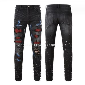 Am Herren Jeans High Street Trendy Jeans Black Ripped Patch Red Diamond Stretch Vintage Hosen Männer Jeans Säugling Jeans Jeans Italienische Miri Jeans