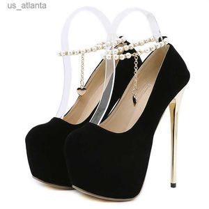 Dress Shoes Liyke Sexy Slingback 16CM Black Super High Heels Platform Pumps Fashion String Bead Ankle Strap Women Nightclub Stripper H240403CKW9