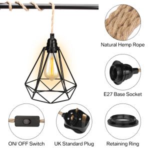 4.5/3.5M Pendant Lights Ceiling Lighting Fitting E27 Lamp Holder Suspended Kit with Plug in Cord Hemp Rope Rustic Hanging Lamps