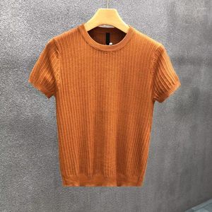 Men's T Shirts Men Clothing Short Sleeve O-Neck Knitted Fashion Striped Crochet Slim Knit Pullovers 2024 Spring Summer Casual Knitwear