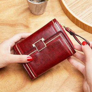 Wallets Oil Wax Leather Retro Large Capacity Zipper Coin Money Purse For Women Fashion Cardholder Business Card Bag Anti-theft Id Wallet