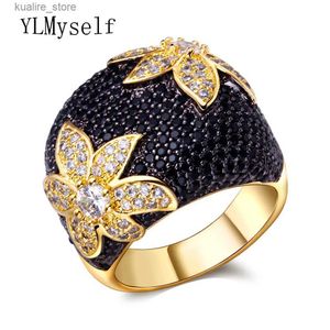 Cluster Rings Large Black Flower Ring CZ Crystal Stone Gold Large Ring Womens Fashion Jewelry Luxury Accessories L240402
