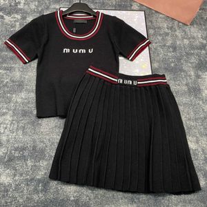 MIMU Home Early Spring New Stripe Color Blocked Short sleeved Top Half Skirt Two Piece Set Minimalist Style Letter Door Print