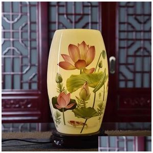 Lampy stołowe Vintage Ceramic Lampa Lotus malarstwo liść drewniany baza salonu sypialnia nocna nocna grafika