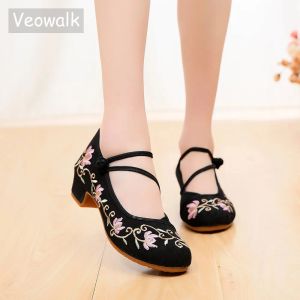 Boots Veowalk Triangle Strap Women 4cm Medium High Heels Ladies Canvas Embroidered Block Heels Pumps Womens Comfort Old Beijing Shoes