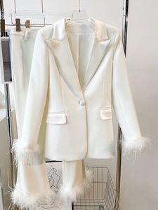 HIGH STREET est Fashion Designer Runway Suit Set Women Slim Single Button Feather Embellished Blazer Pants 240321