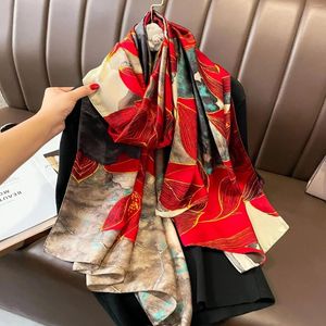 Halsdukar Stylish Satin Flower Printed Scarf Women's Elegant Thin Silky Shawl Travel Sunscreen Decorative Beach Handduk