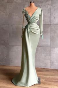 2024 Evening Dresses Wear Sage Illusion Neck Long Sleeves Mermaid Sweep Train Crystal Beads Plus Size Prom Gowns Party Dresses