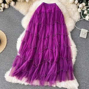 Skirts Fashionable Long Tiered Tutu Tulle Skirt For Women High Street Beading A Line Waist Maxi Mesh Female Pink P584